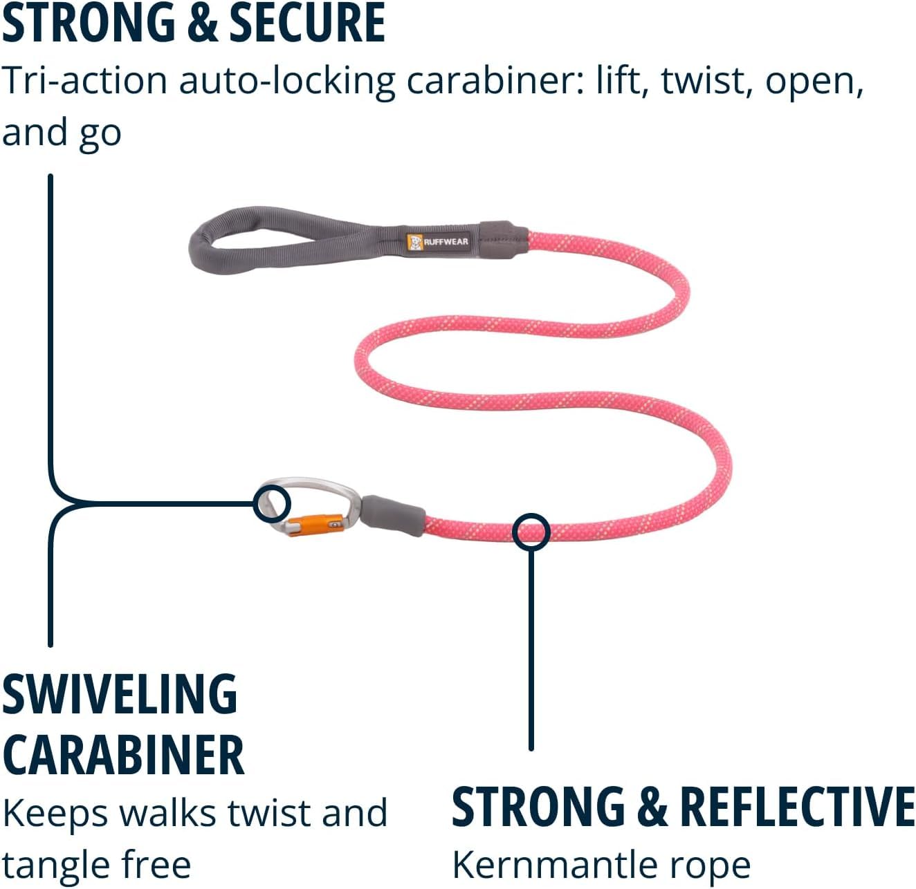 Ruffwear, Knot-A-Leash Dog Leash, Reflective Rope Lead With Carabiner, Pink, Large