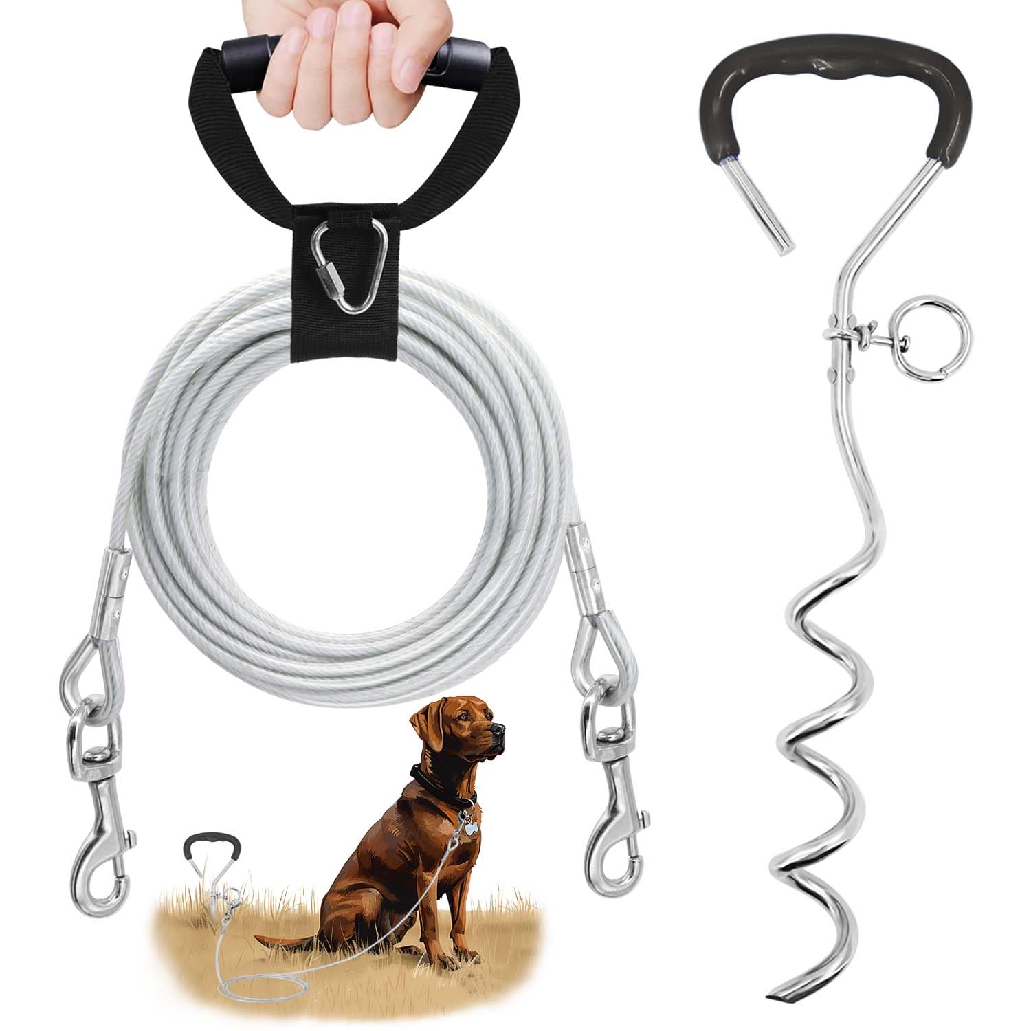 Reflective Dog Stakes For Outside Kit,Dog Tie Out Cable,15Ft Heavy-Duty 200Lbs Stake With 360 Rotating Clip,Waterproof Bite-Proo