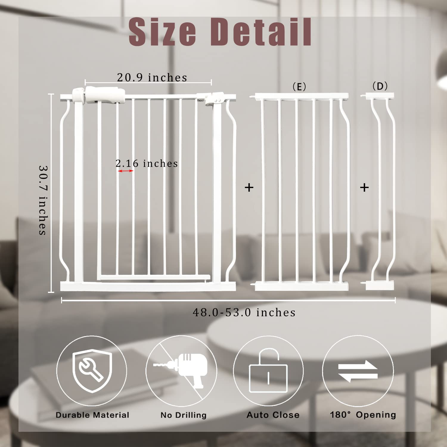 Extra Wide Baby Gate Pressure Mounted Auto Close White Metal Child Dog Pet Gate 48-53 Inch Wide For Stairs,Doorways,Kitchen And Living Room