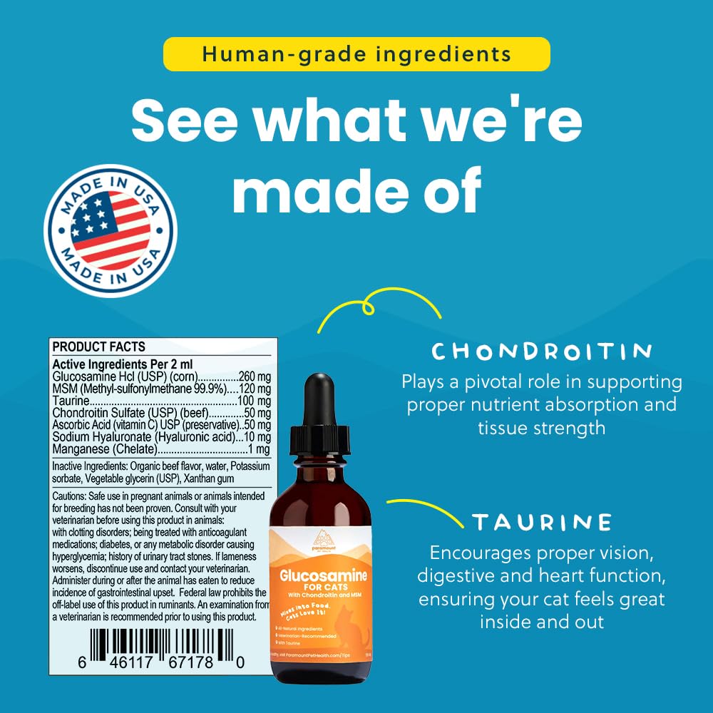 100% Natural Liquid Glucosamine Chondroitin with MSM for Cats, Hip & Joint Supplement for Senior Felines, Arthritis Support & Mo