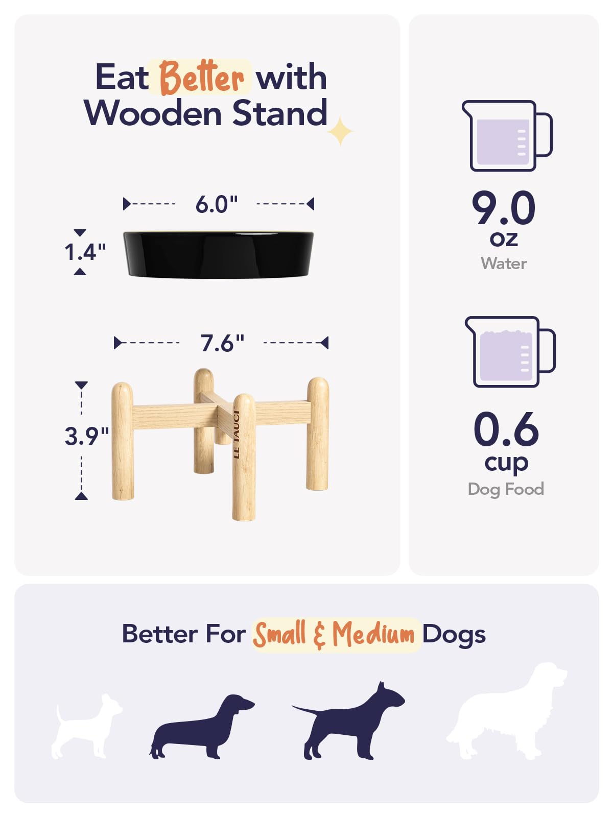 Le Tauci Ceramic Slow Feeder Dog Bowls Elevated, 0.6 Cups Raised Dog Bowl With Wooden Stand For Small Breed, Dog Dishes To Slow