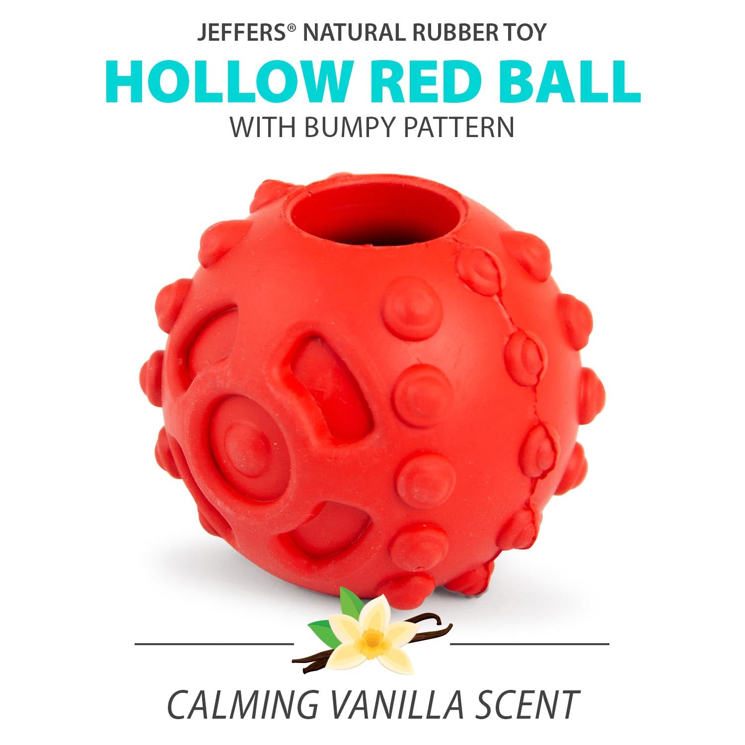 Jeffers Pet Natural Rubber Dog Chew Toy - Red Hollow Ball, Medium - Treat Dispensing, Vanilla Scent, Durable, Non-Toxic, Dishwas