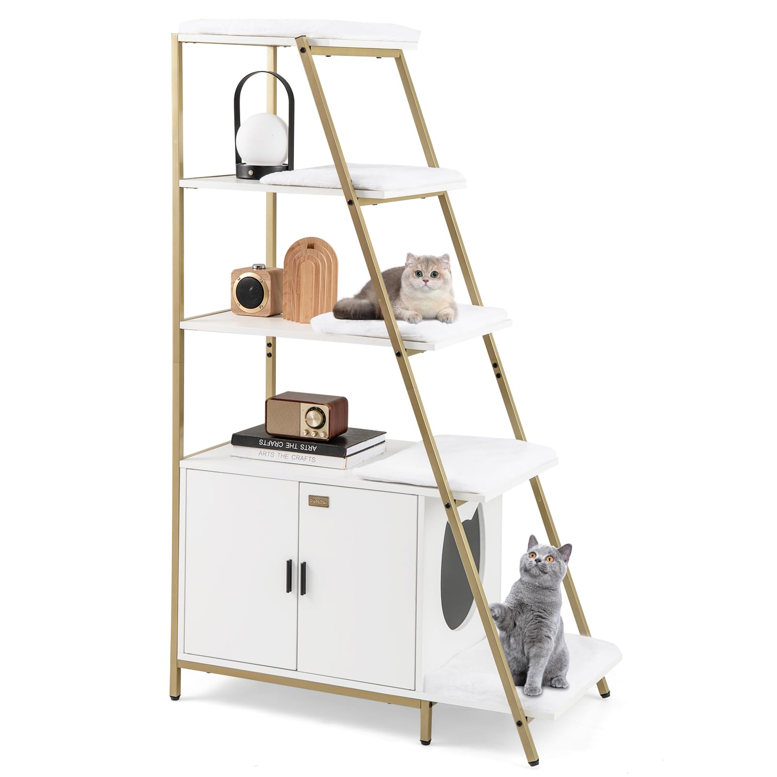 Petsite Cat Litter Box Furniture With 3-Tier Ladder Shelves And Doors, 59 Inch Cat Box Enclosure With Removable Plush Mats, Indo