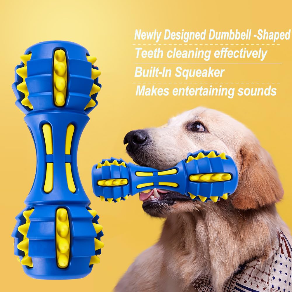 Auscat Dog Squeaky Toys, Teething Chew Toys For Large Medium Breed, Durable Dog Toy, Dumbbell Shape, Blue