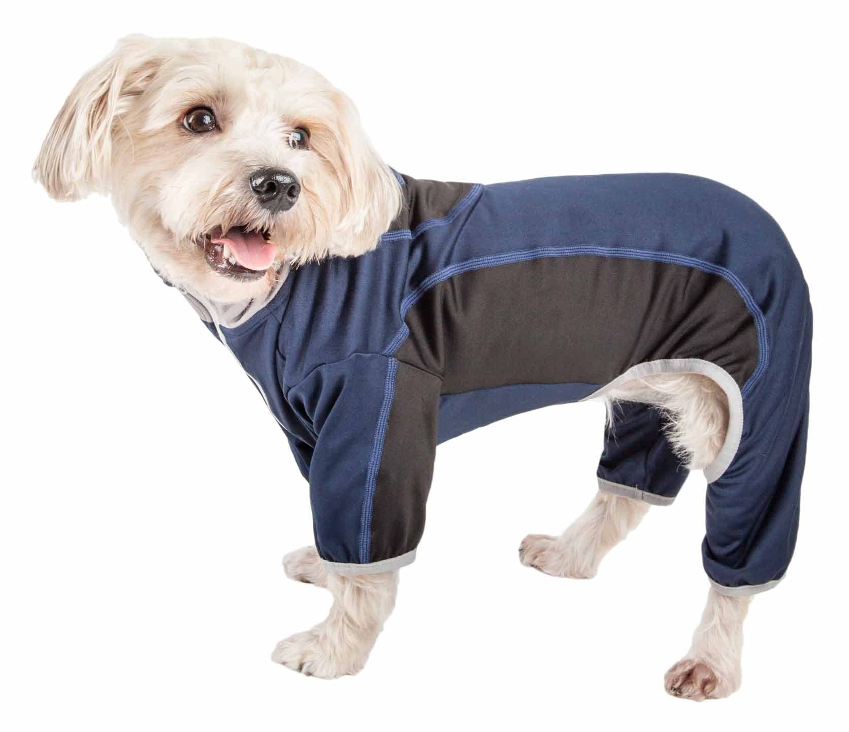 Pet Life ® Active 'Warm-Pup' Heathered Performance 4-Way Stretch Two-Toned Full Body Warm Up, Medium, Navy