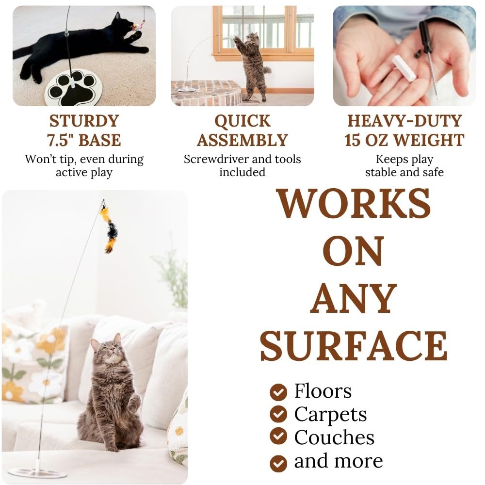 Gadgetsology Cat Wand Toy With Round Base - Interactive Feather & Glow-In-The-Dark Octopus Attachments - Suction Cup Cat Toy For