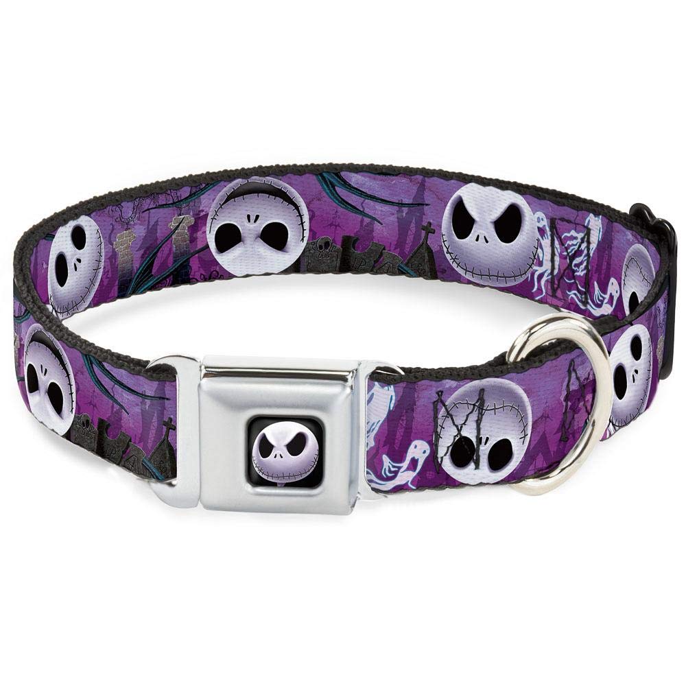 Buckle-Down Seatbelt Buckle Dog Collar - Jack Expressions/Ghosts In Cemetery Purples/Grays/White - 1.5' Wide - Fits 16-23' Neck - Medium