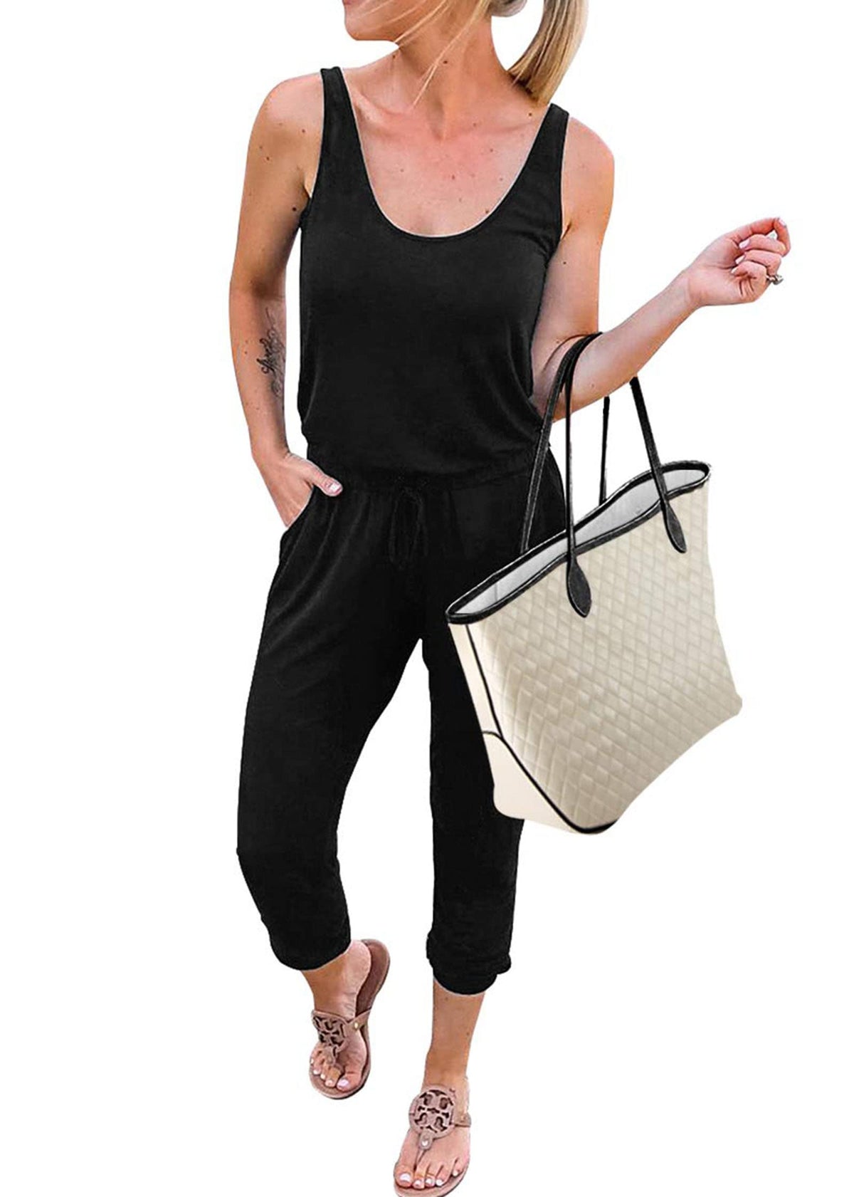 Kirundo 2023 Womens Summer Jumpsuits Casual Sleeveless Jumpsuit Drawstring Waist Long Pant Romper Pajama With Pockets(A-Black, M
