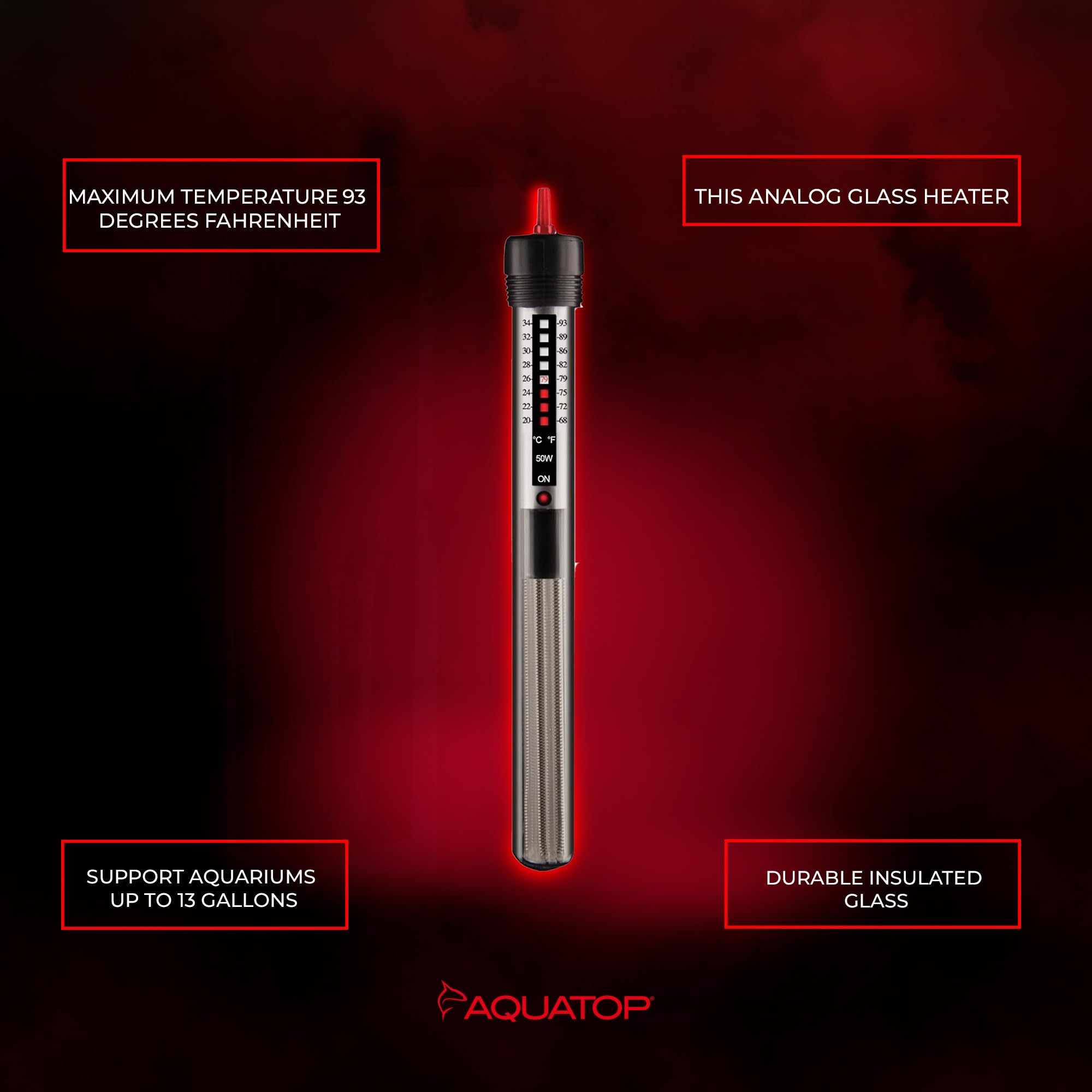 Aquatop 50W Aquarium Submersible Glass Heater – Adjustable Temperature 68-93°F – Fish Tanks Up To 13 Gal – For Freshwater & Saltwater Use – Gh-50