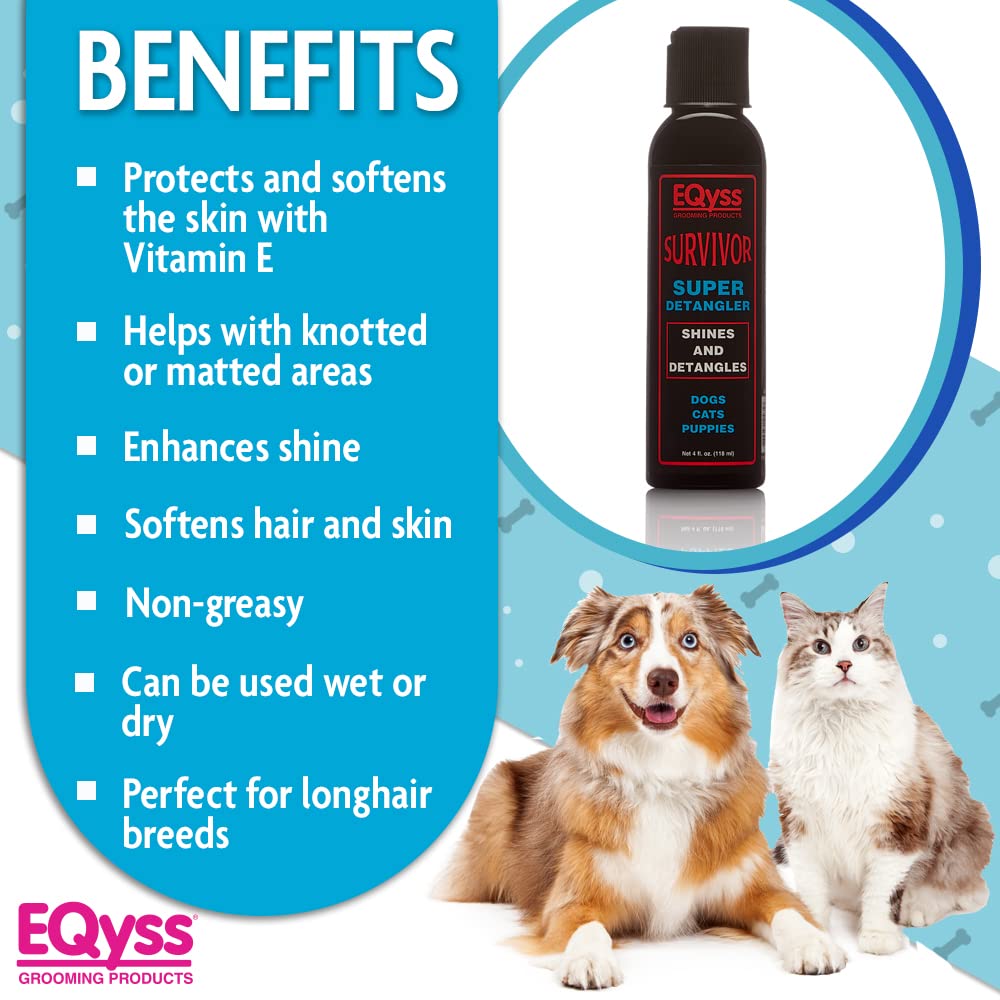 Eqyss Survivor Pet Detangler - Smooths Out Knots, Tangles, & Mats - Great For Longhair Breeds, Tails, Feathers - Adds Shine, No Sticky Residue (4 Oz)..