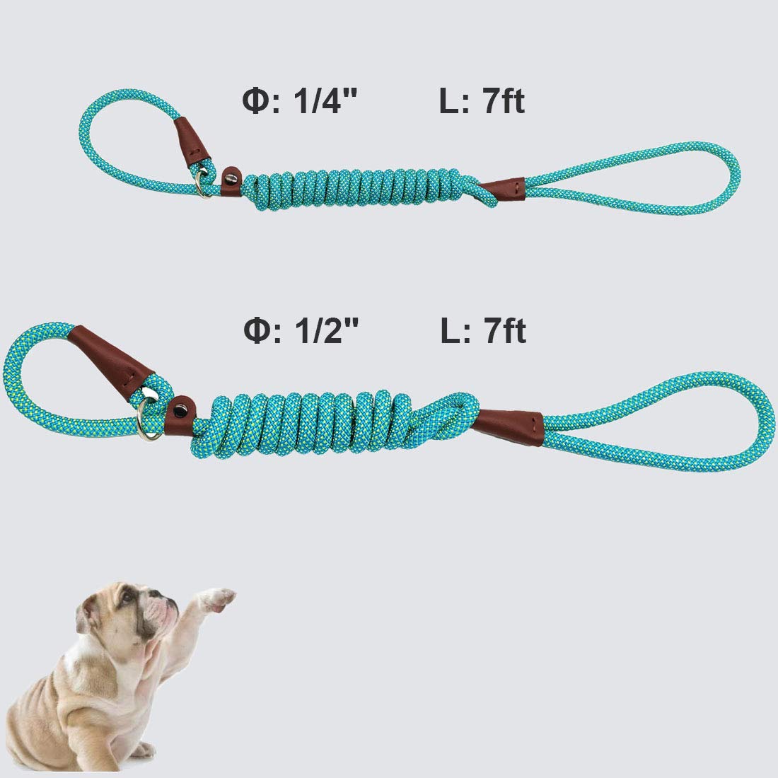 Btinesful 7Ft Slip Lead Dog Leash, Strong Nylon Rope Leash, 1/4 & 1/2 Inch Diam Dog Training Lead For Small Medium Large Dogs (1/4' * 7 Ft, Green Dot)