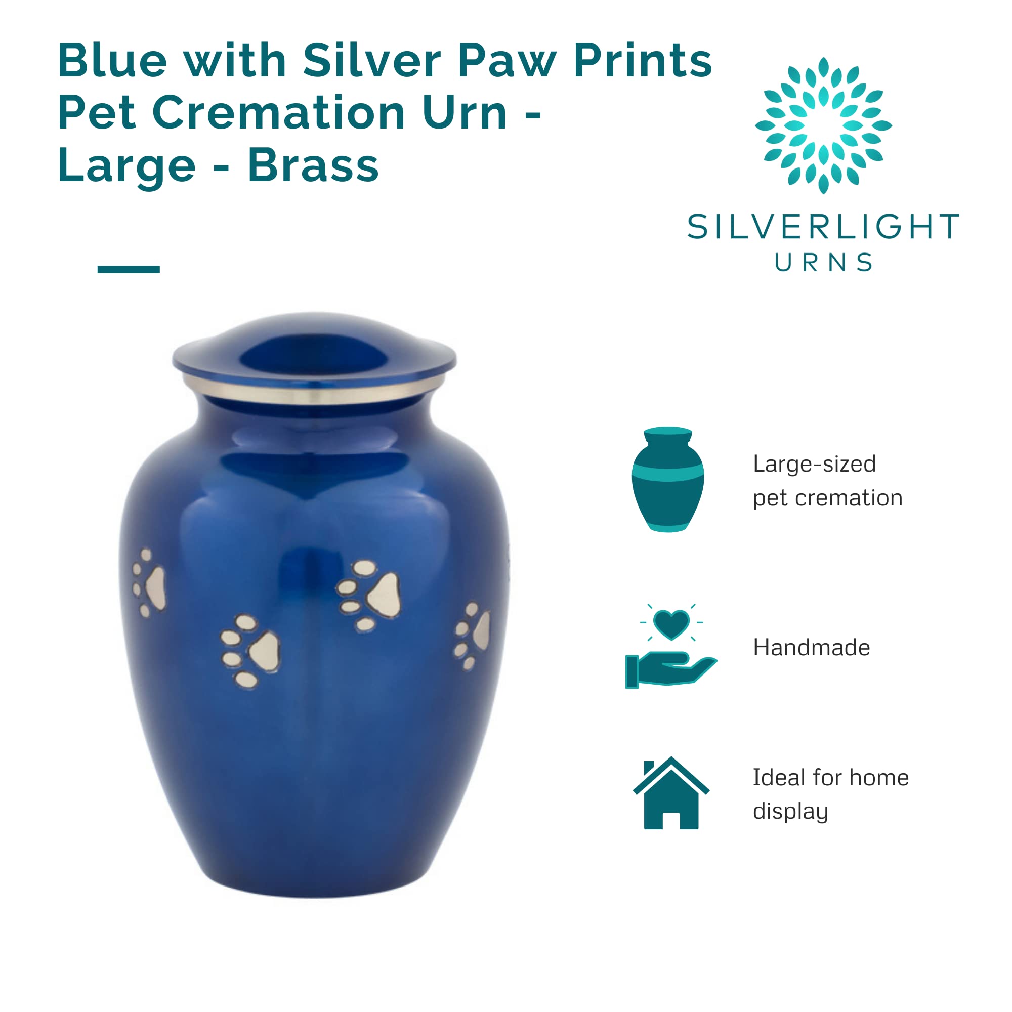 Blue With Silver Paw Prints Large Pet Cremation Urn For Ashes, Brass, Blue Pet Urn, Dog Urn, Cat Urn, Large Sized Pet Urn, 7 Inc