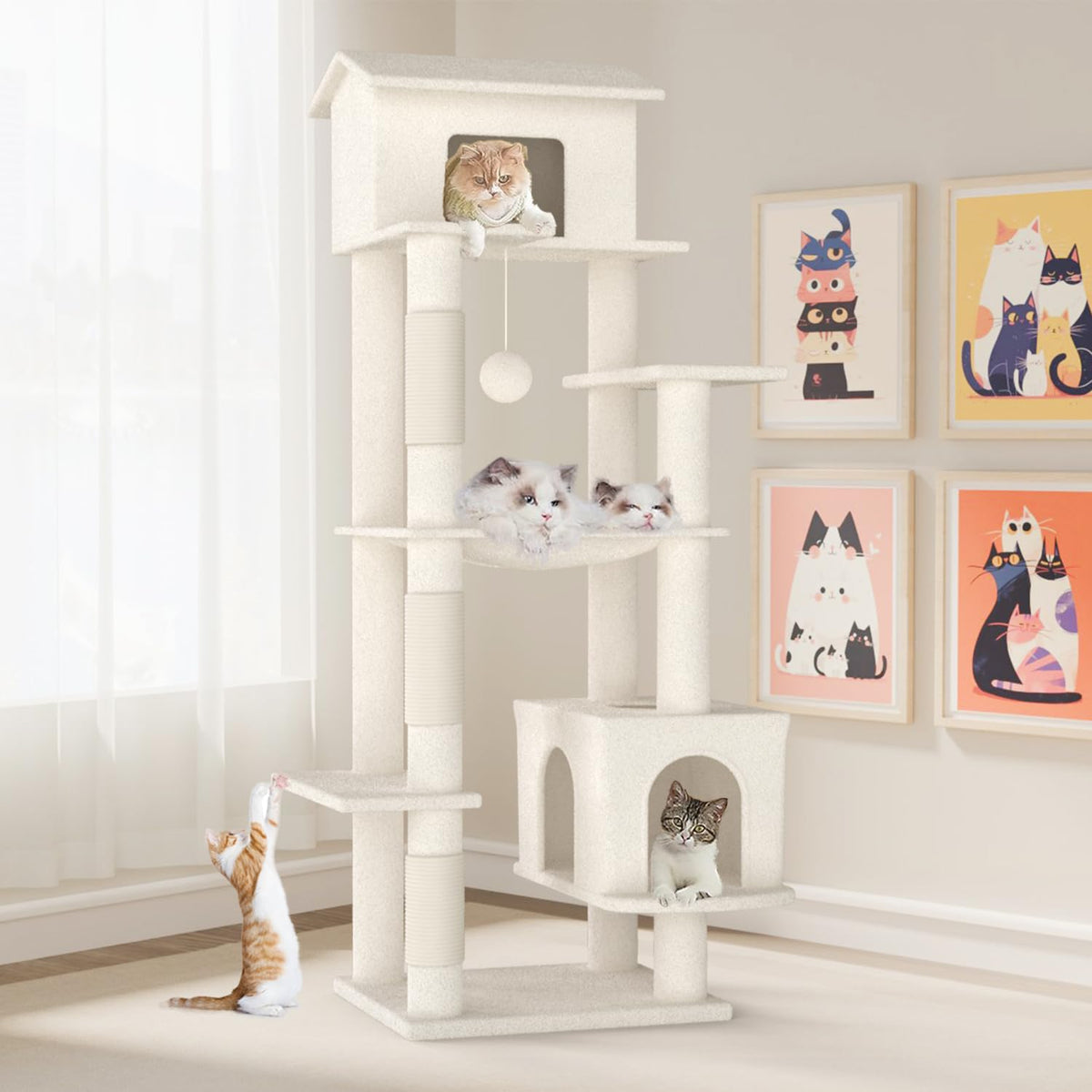 64 Inches Multi-Level Large Cat Tree Tower With Cat House For Indoor Cats/Cozy Perches/Cat Condo/Sisal Scratching Posts/Hammock/