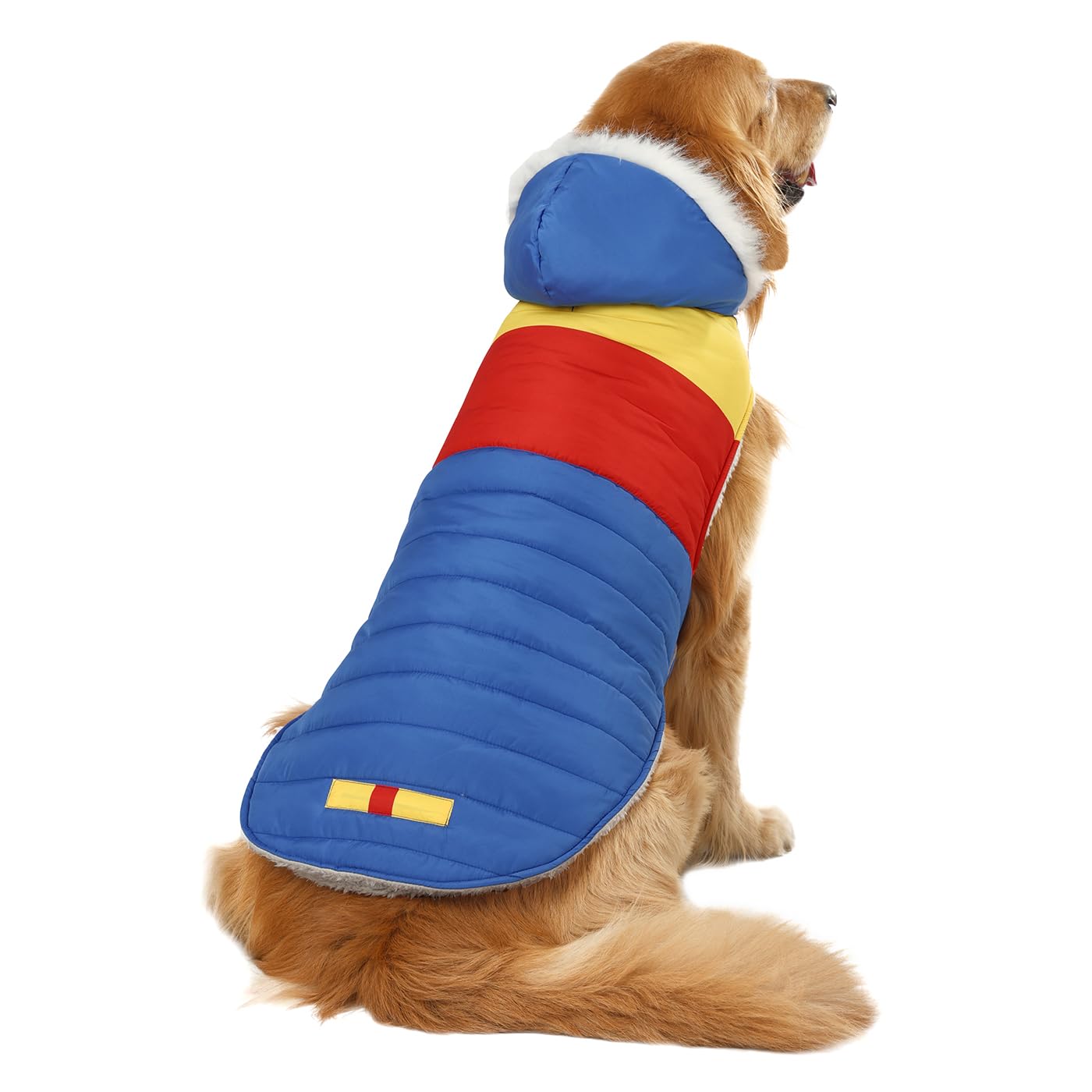 Hde Dog Puffer Jacket Fleece Lined Warm Dog Parka Winter Coat With Harness Hole 90S Colorblock - L