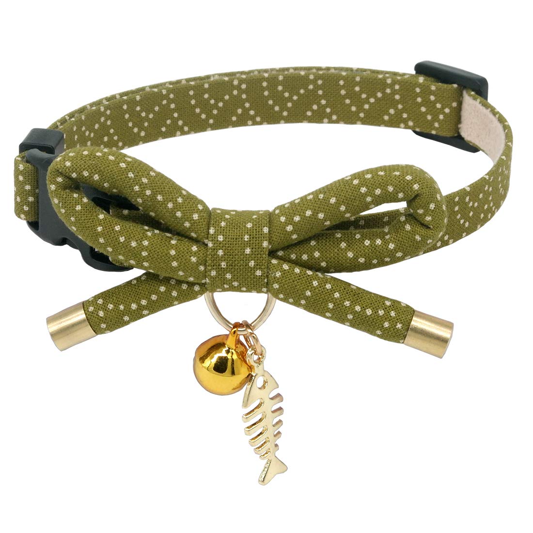 Petsokoo Cute Bowtie Cat Collar With Bell. Japanese Stylish Bowknot & Fish Charm. Safety Breakaway, Soft, Lightweight, For Girl Boy Male Female Cats Kitten,Green