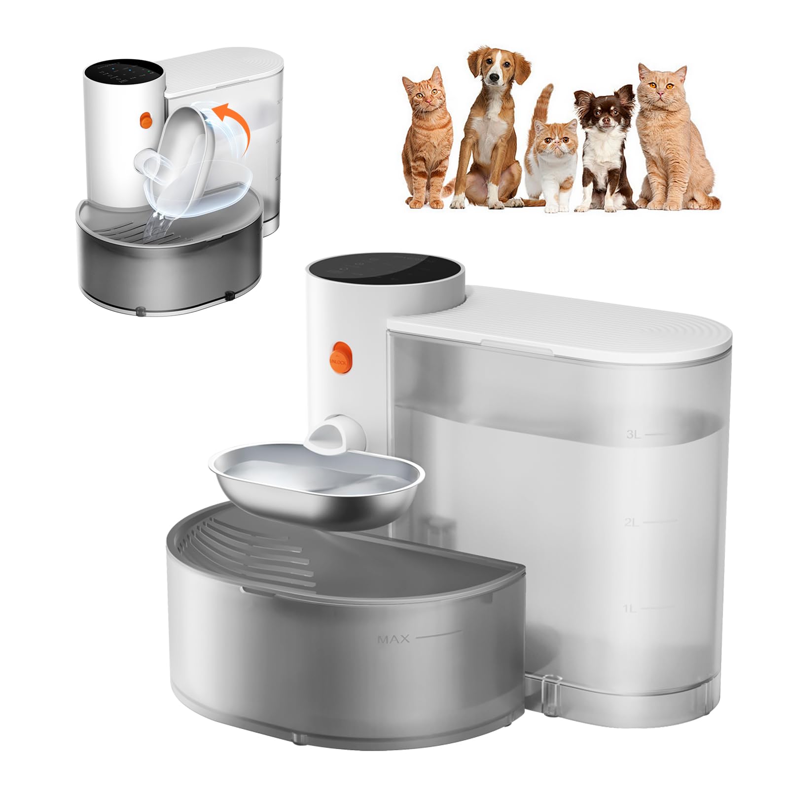 Petgravity Smart Pet Water Fountain - Stainless Steel Bowl, 2025 Upgraded Automatic Water Dispenser for Cats & Small Dogs, Self-