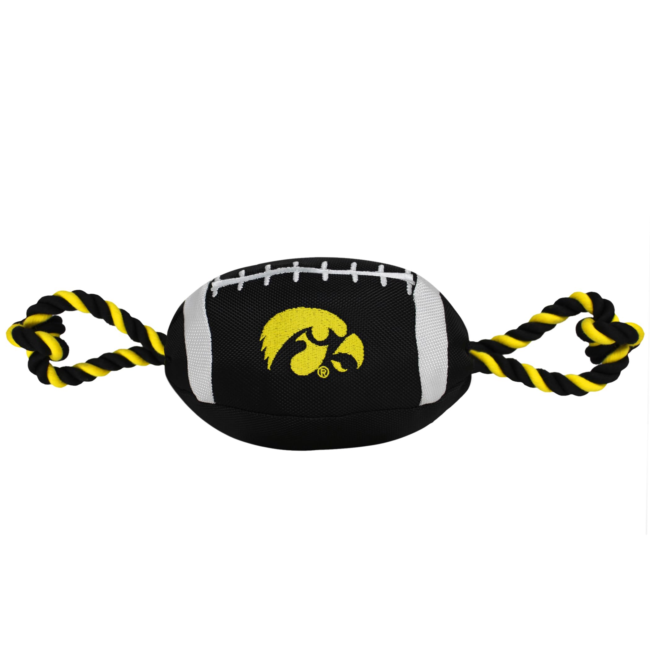 Pets First NCAA Iowa Hawkeyes Football Dog Toy, Tough Quality Nylon Materials, Strong Pull Ropes, Inner Squeaker, Collegiate Tea