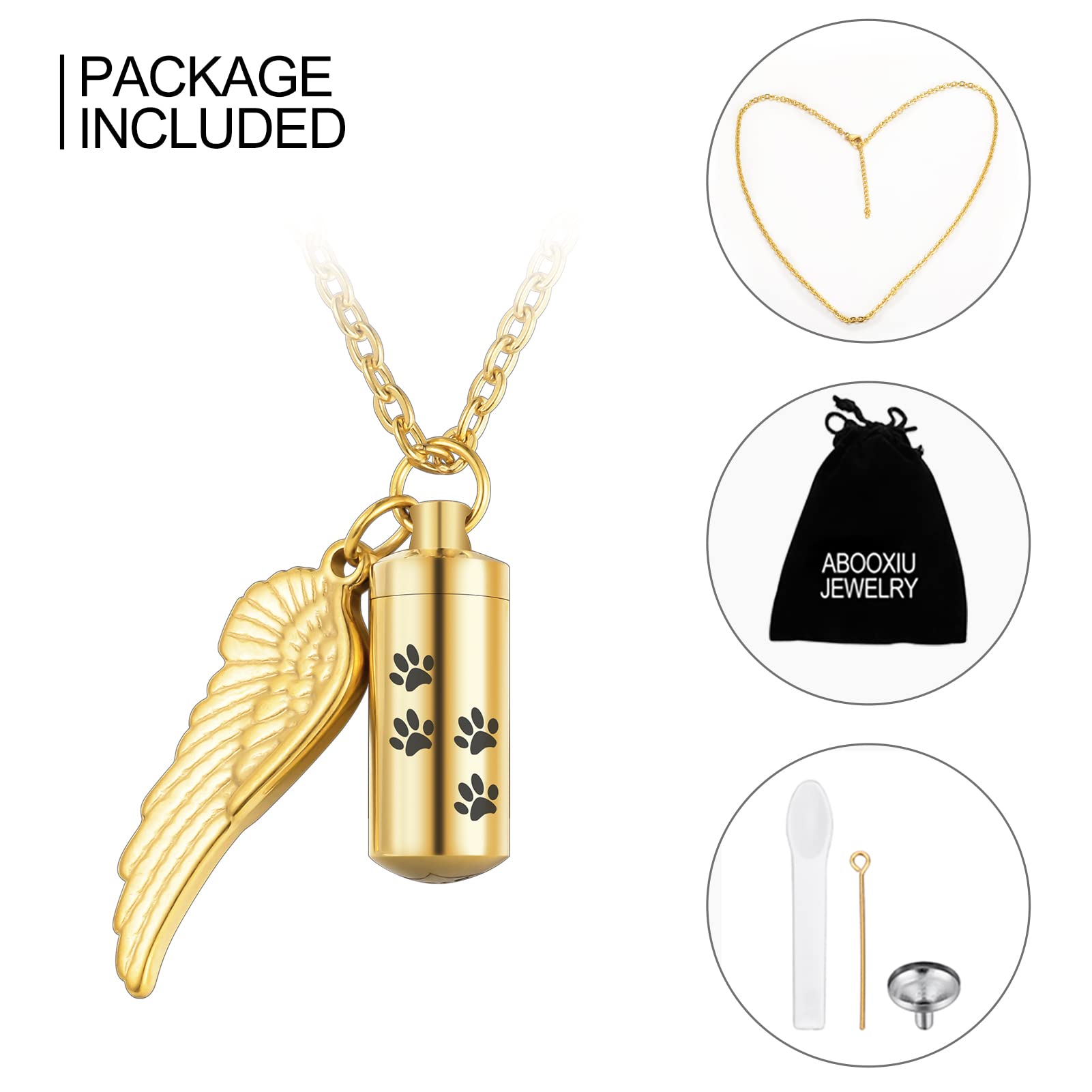 Abooxiu Cylinder Cremation Necklace For Pet Ashes Urn Necklace With Angel Wing Pet Paw Ashes Necklace For Dog/Cat Pet Memorial Keepsake Jewelry
