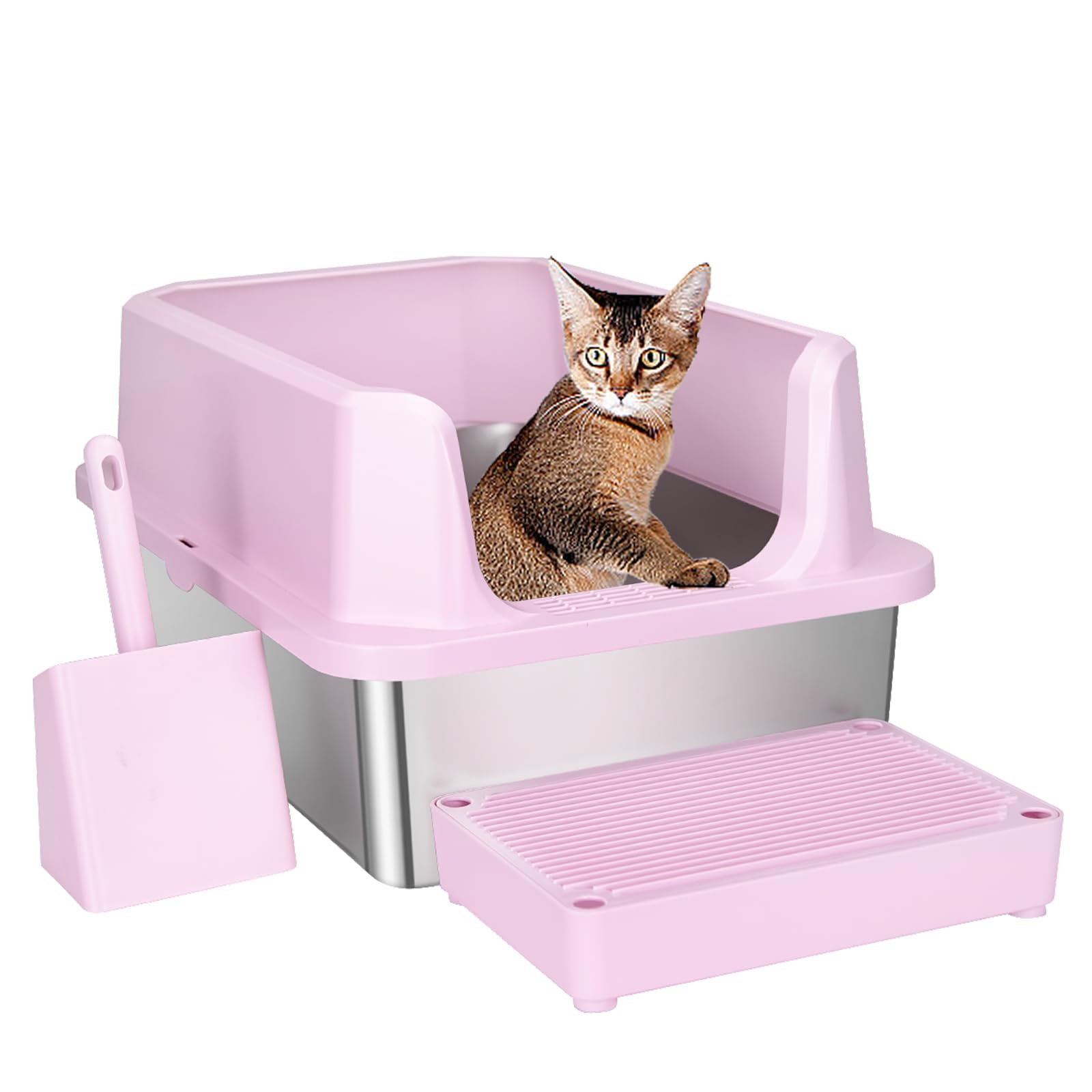 RIZZARI Stainless Steel Cat Litter Box, Semi-Enclosed Litter Box with Top Holes, Large Litter Pan for Small to Large Sized Cats 
