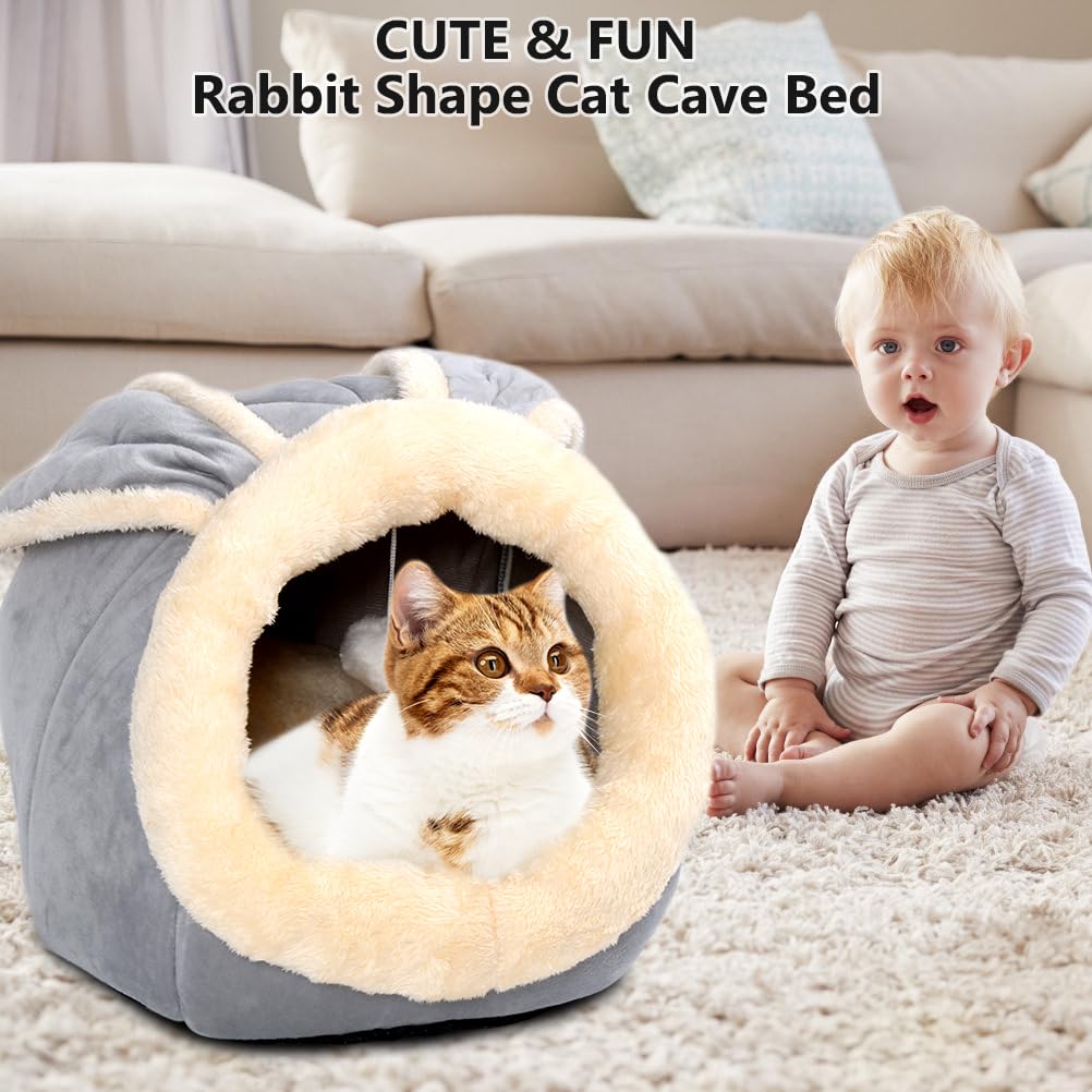 Cat Beds For Indoor Cats - Rabbit-Shaped Cat Cave Bed With Hanging Toy,Super Soft Calming Pet Bed For Kitten&Puppy,Small Dog,War