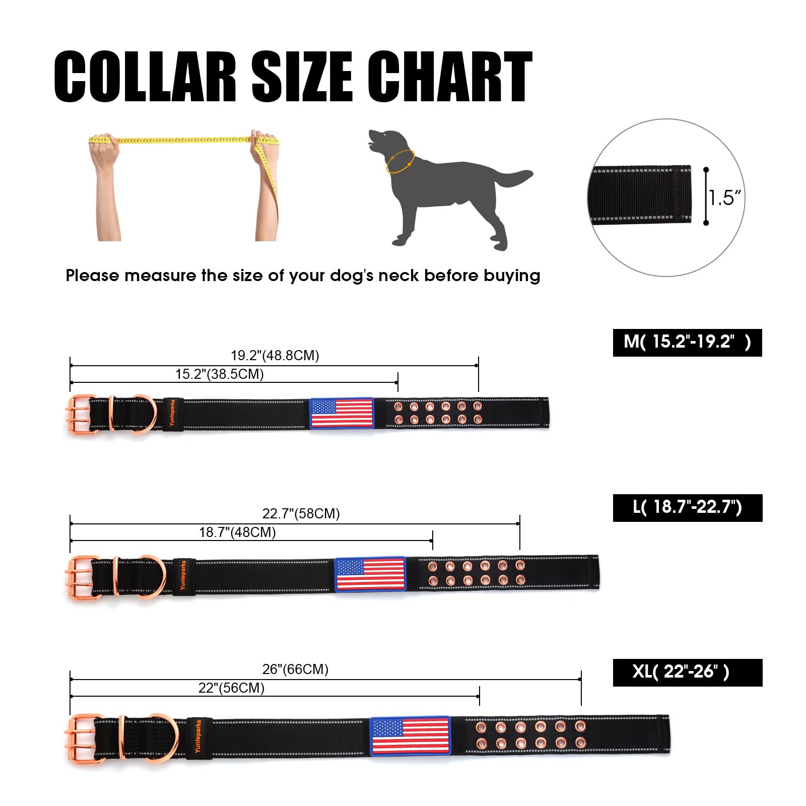 Yunleparks Heavy Duty Tactical Dog Collar With Neoprene Padded And Metal Buckle, Reflective Nylon For Medium To Large Dogs(Black