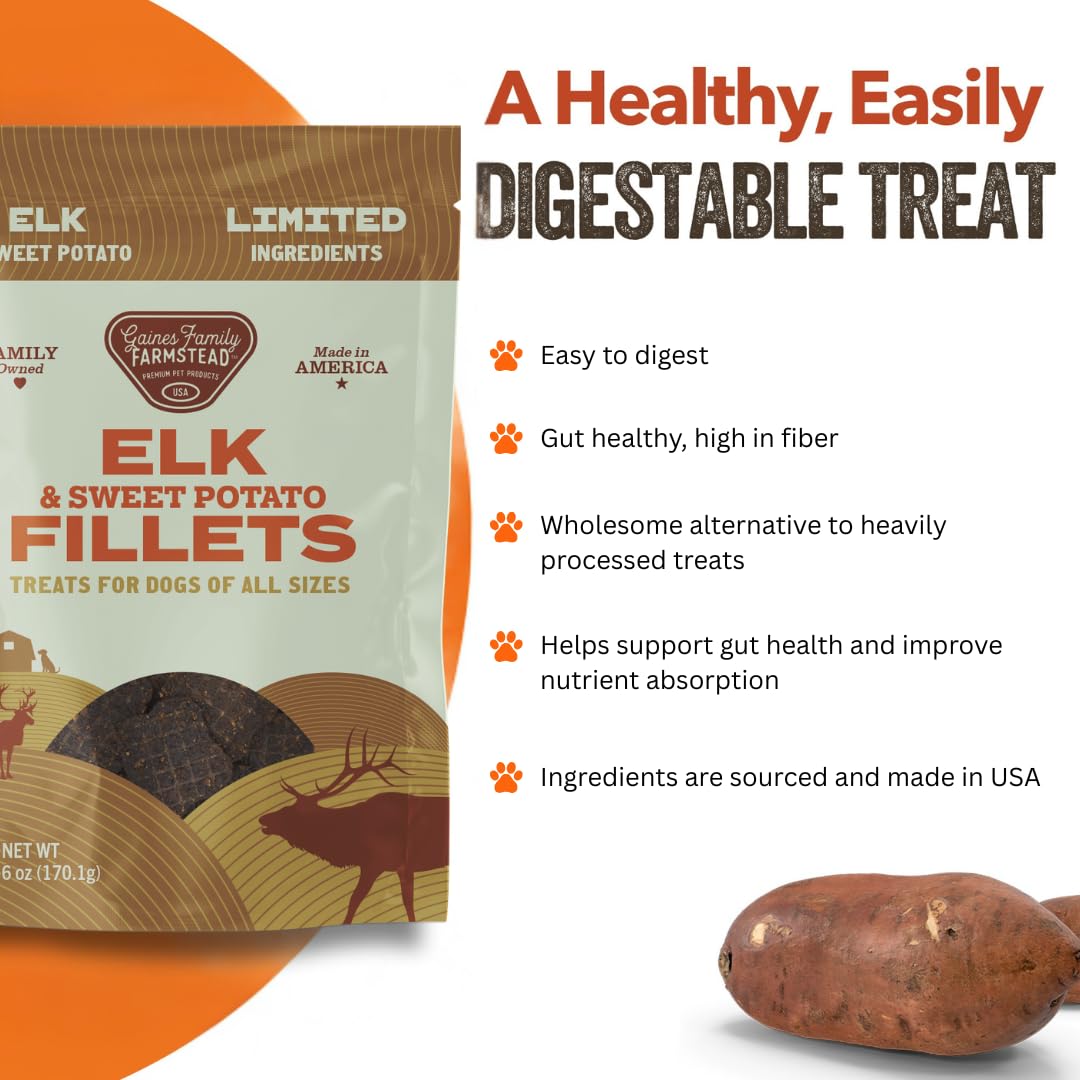 Gaines Family Farmstead Elk & Sweet Potato Fillets - Limited Ingredient, Grain-Free High Protein Dog Treat, Supports Digestive H