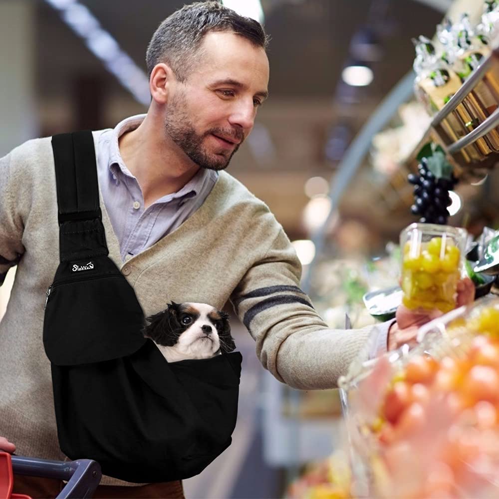 Lukovee Pet Sling, Hand Free Dog Sling Carrier Adjustable Padded Strap Tote Bag Breathable Cotton Shoulder Bag Front Pocket Safe