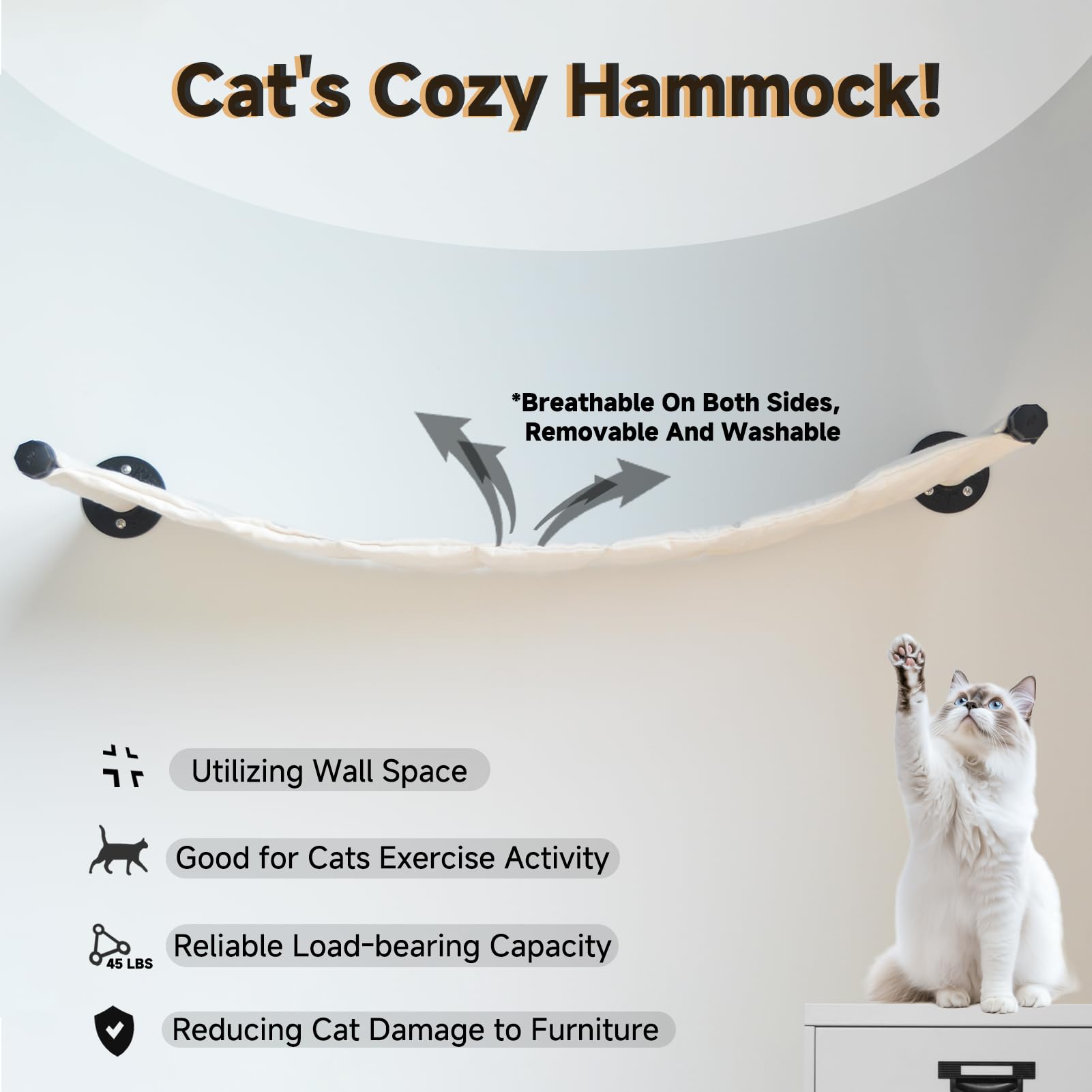 Xifowe Cat Hammock Wall Mounted, 35.43 X 12.99 Inch Wall Mounted Cat Shelves, Metal Brackets Cat Beds For Sleeping, Playing, Cli