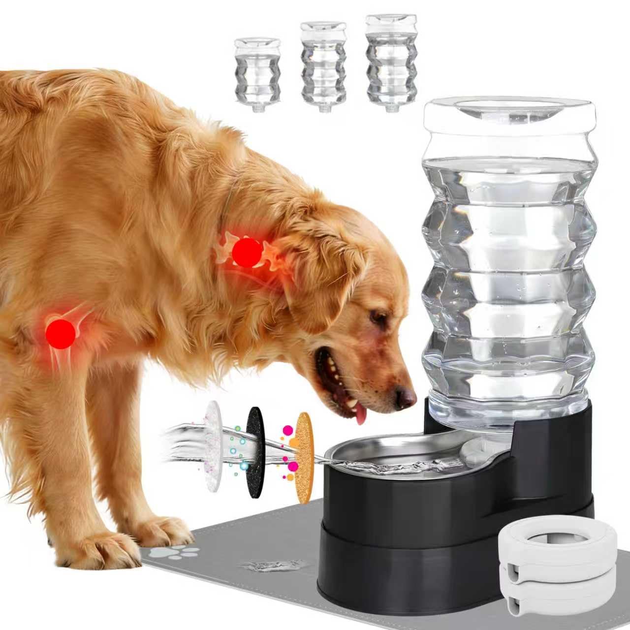 RIZZARI Upgraded Automatic Dog Water Dispenser: 9L Black Gravity Large Stainless Steel Raised Pet Feeder with Filter - Includes 