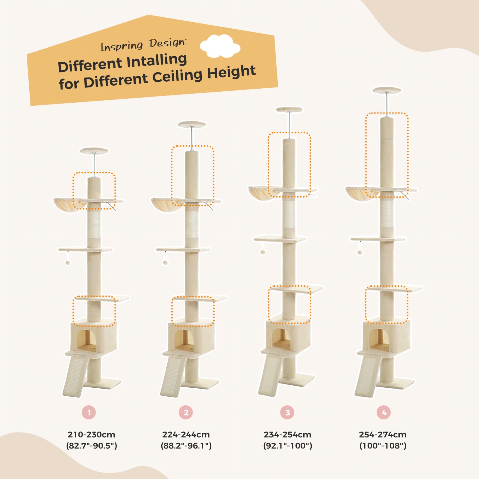 Pequlti Cat Tree Floor To Ceiling, Tall Cat Tower, Adjustable Height (83'-108') 5 Tiers Climbing Tree For Indoor Cats With Cat