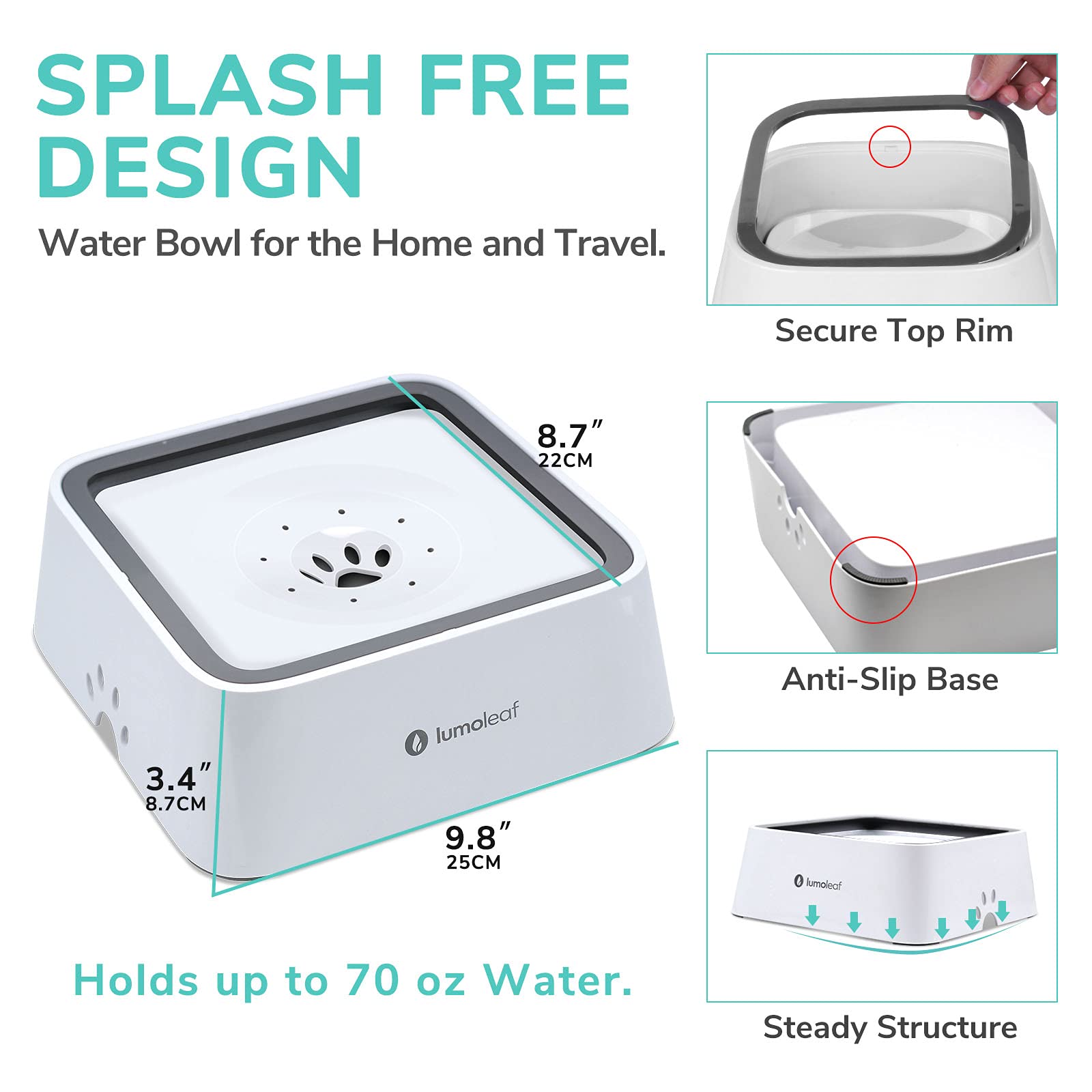 Lumoleaf No Spill Water Bowl For Dogs With Filter, 70Oz/2L, Slow Feeder For Messy Drinkers, Drip-Free & Splash-Proof Design (Gre