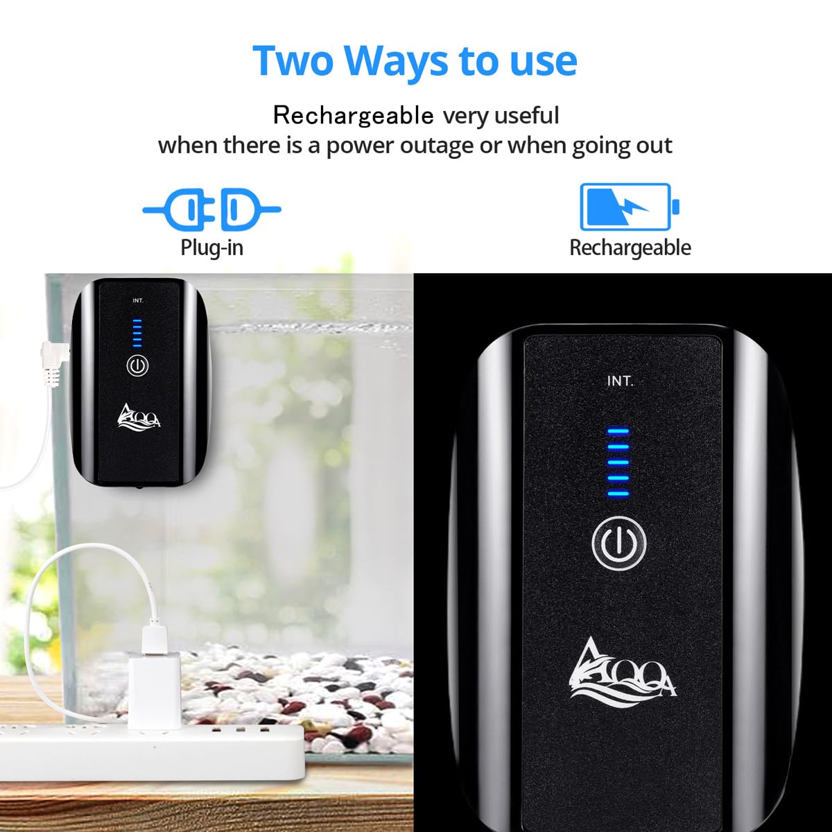 Aqqa Aquarium Rechargeable Air Pump,Multifunctional Portable Energy Saving Power Quiet Oxygen Pump, One/Dual Outlets With Air St