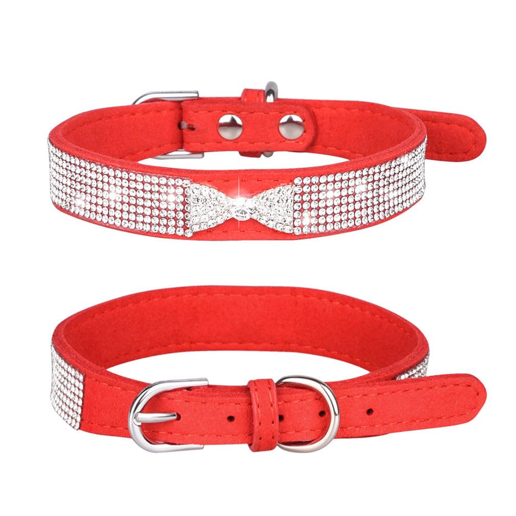 Red Sparkly Dog Collars For Female Dogs, Pretty Diamond Bow Rhinestone Dog Collars Glitter Jeweled Sparkly Bling Girl Dog Collar