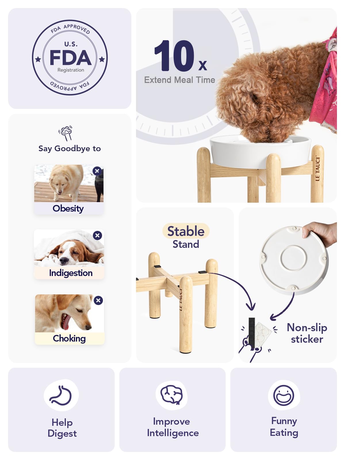 Le Tauci Ceramic Slow Feeder Dog Bowls Elevated, 1.5 Cups Raised Dog Bowl With Wooden Stand For Small Medium Breed, Dog Dishes T