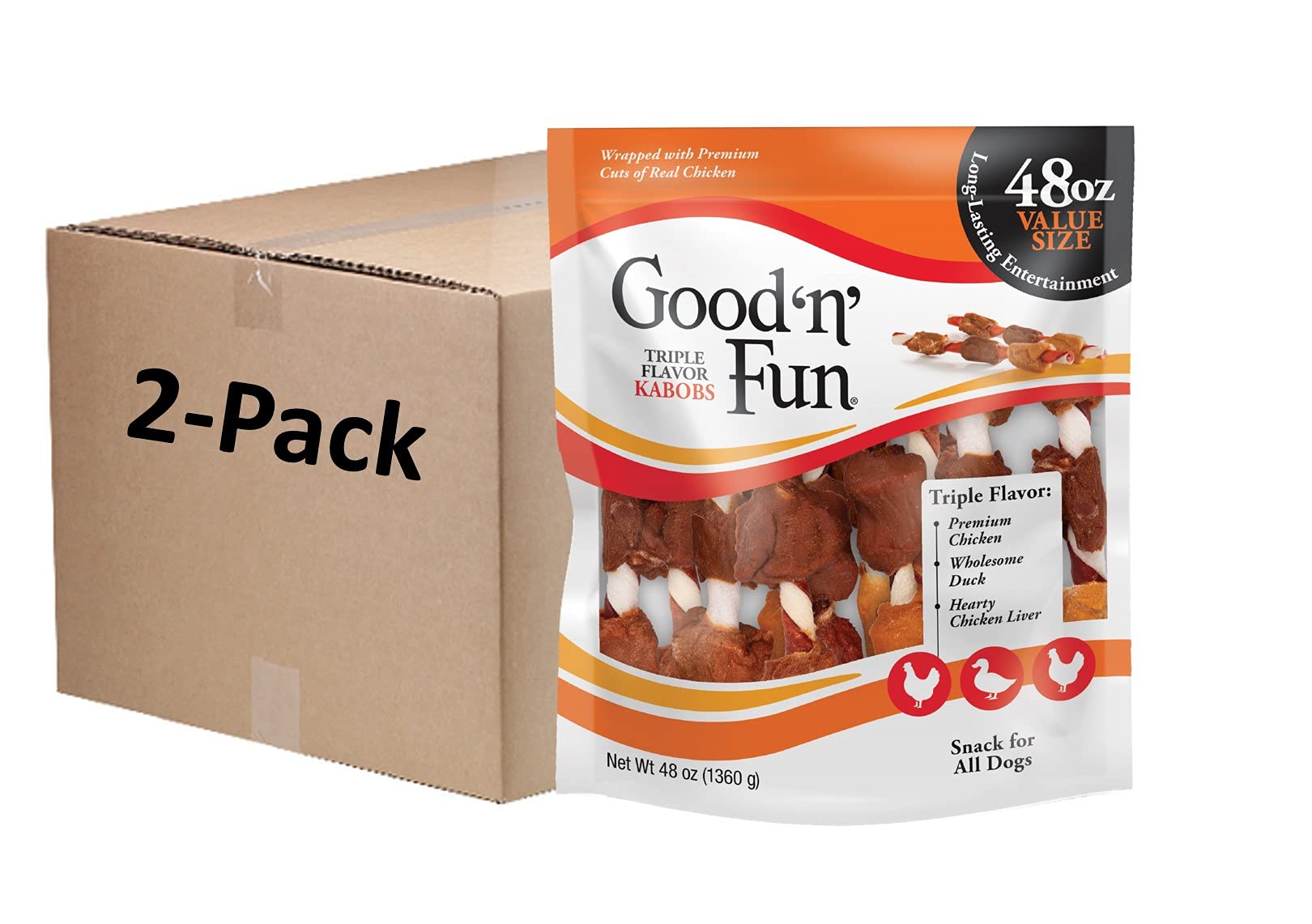Good'n'Fun Triple Flavor Kabobs Rawhide Dog Snacks, 48 oz (2 Pack), Ideal for All Dogs