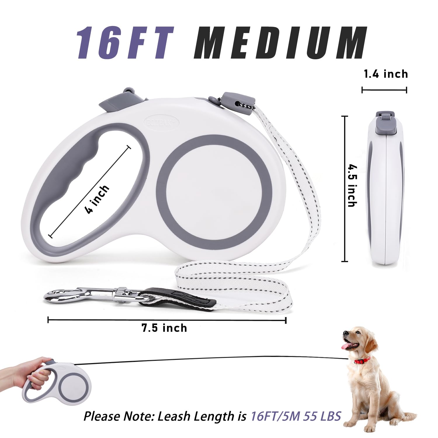 Retractable Dog Leash, 30 Ft/ 20 Ft Dog Walking Leash For Small Medium Large Dogs Up To 77 Lbs/ 44 Lbs, Heavy Duty No Tangle (Wh