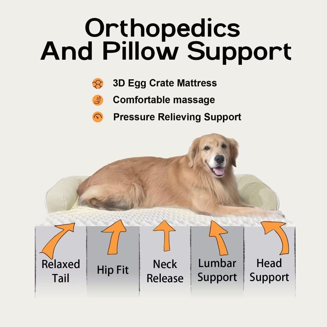 Large Dog Bed Orthopedic Washable: Extra Large Big Dog Bed With Removable Bolster & Memory Foam Couch Sofa - Waterproof Washable With Cover - Beige Dog Bed