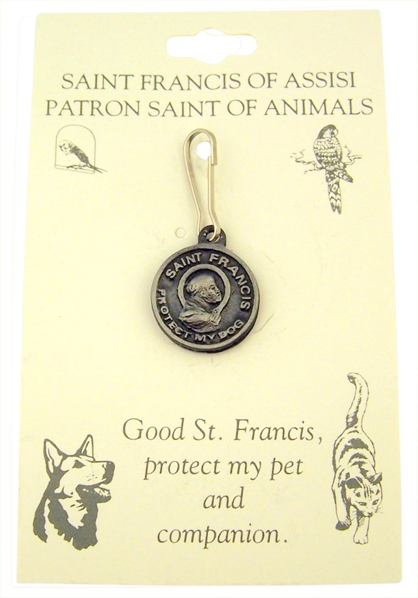 Pewter Saint Francis Of Assisi Protect My Dog Pet Collar Tag Medal, 3/4 Inch