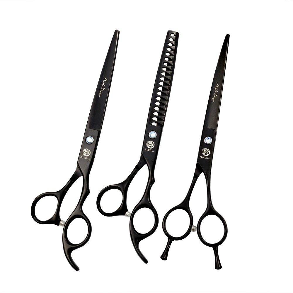Purple Dragon 7.0 Inch Professional Dog Grooming Hair Cutting Scissor &Curved Scissor&Chunker Shear Kit With Bag - For Pet Groomer Or Family Diy Pet Use