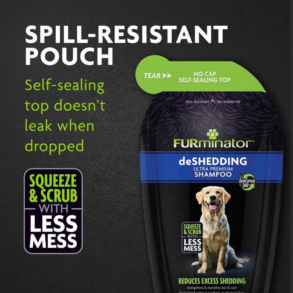 Furminator Deshedding Shampoo Squeezable Pouch,16 Fluid Ounces, Moisturizing Deshedding Shampoo For Dogs In Self-Sealing,Spill-R