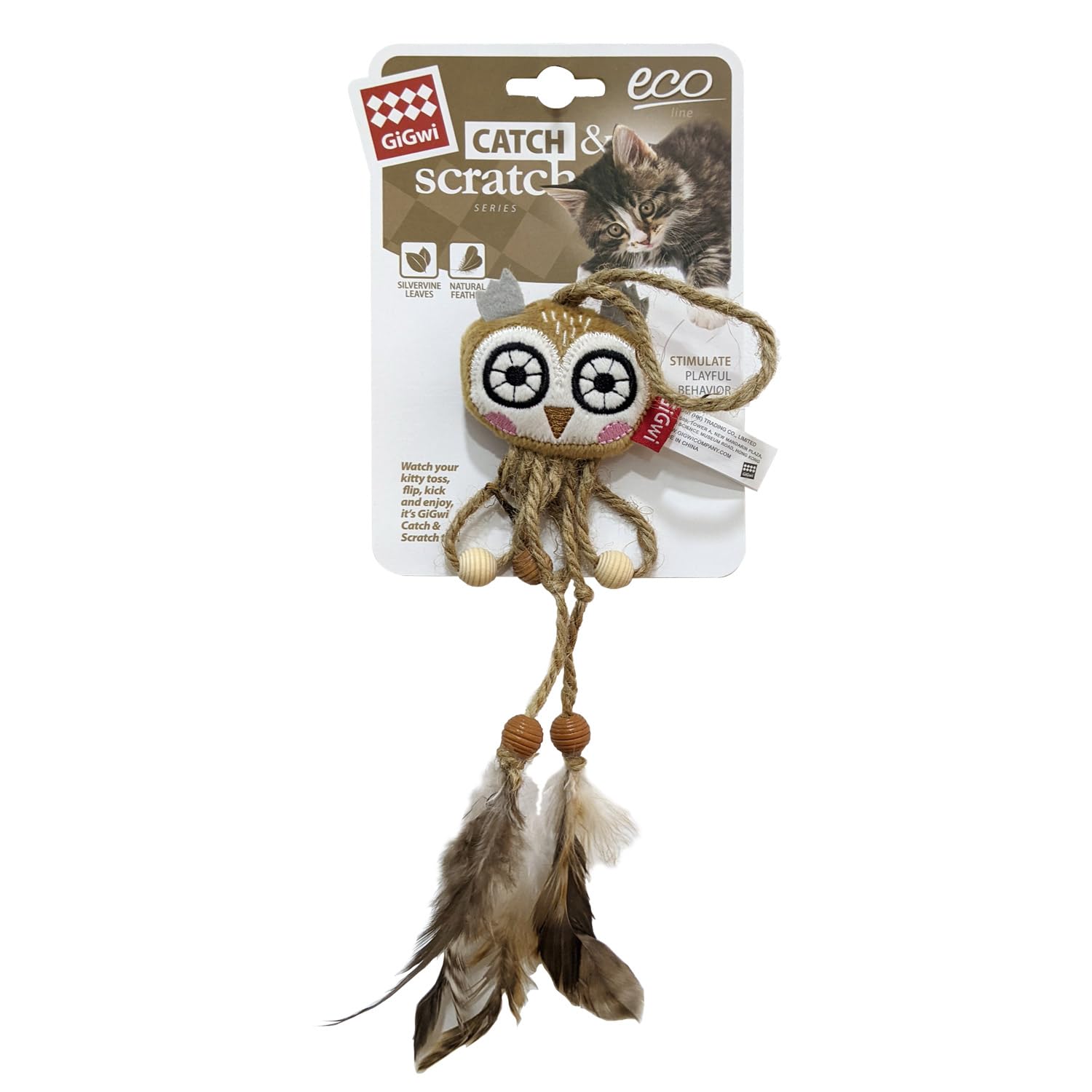 Gigwi EcoLine Owl Cat Toy, Natural Bird Feathers With Durable Hemp Rope & Silvervine For Interactive Play, Encourages Pouncing,