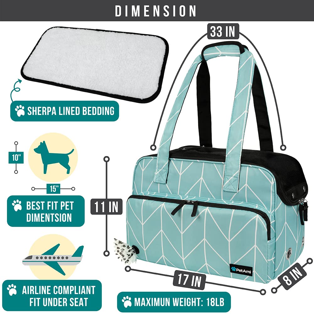 Petami Small Dog Purse Carrier, Soft-Sided Pet Carrier Bag With Pockets, Portable Puppy Cat Travel Handbag Tote, Airline Approved Breathable Mesh, Poop Bag Dispenser, Max 18 Lbs, Chevron Teal