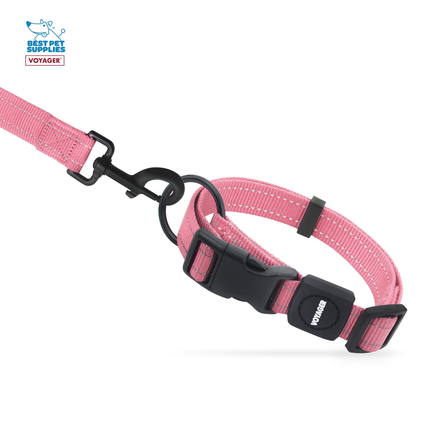 Voyager Reflective Dog Leash Collar Set With Neoprene Handle Supports Small, Medium, And Large Breed Puppies, Cute And Heavy Duty For Walking, Running, And Training - Pink, L
