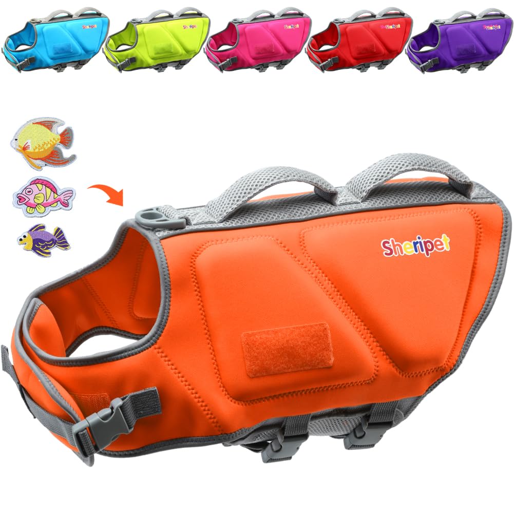 Sheripet Dog Life Jacket For Large Dogs, Dog Life Vest For Swimming With Fashion Fabric Patches, Pet Swim Vest With Reflective S