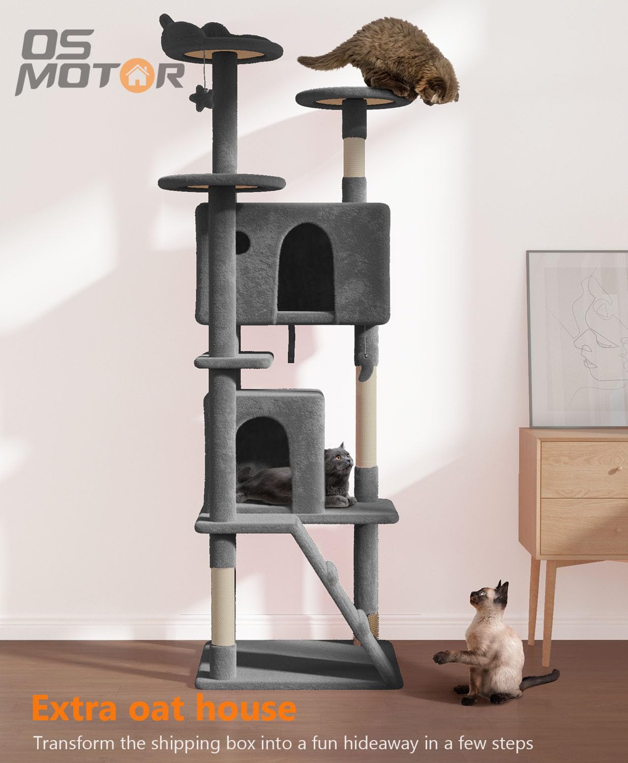 Os Motor 77'' Cat Tree Tower For Indoor Cats Large Adult, Cute/Tall Modern Cat Tree For Big Cats 20 Lbs, Plush Multi-Level Cat C