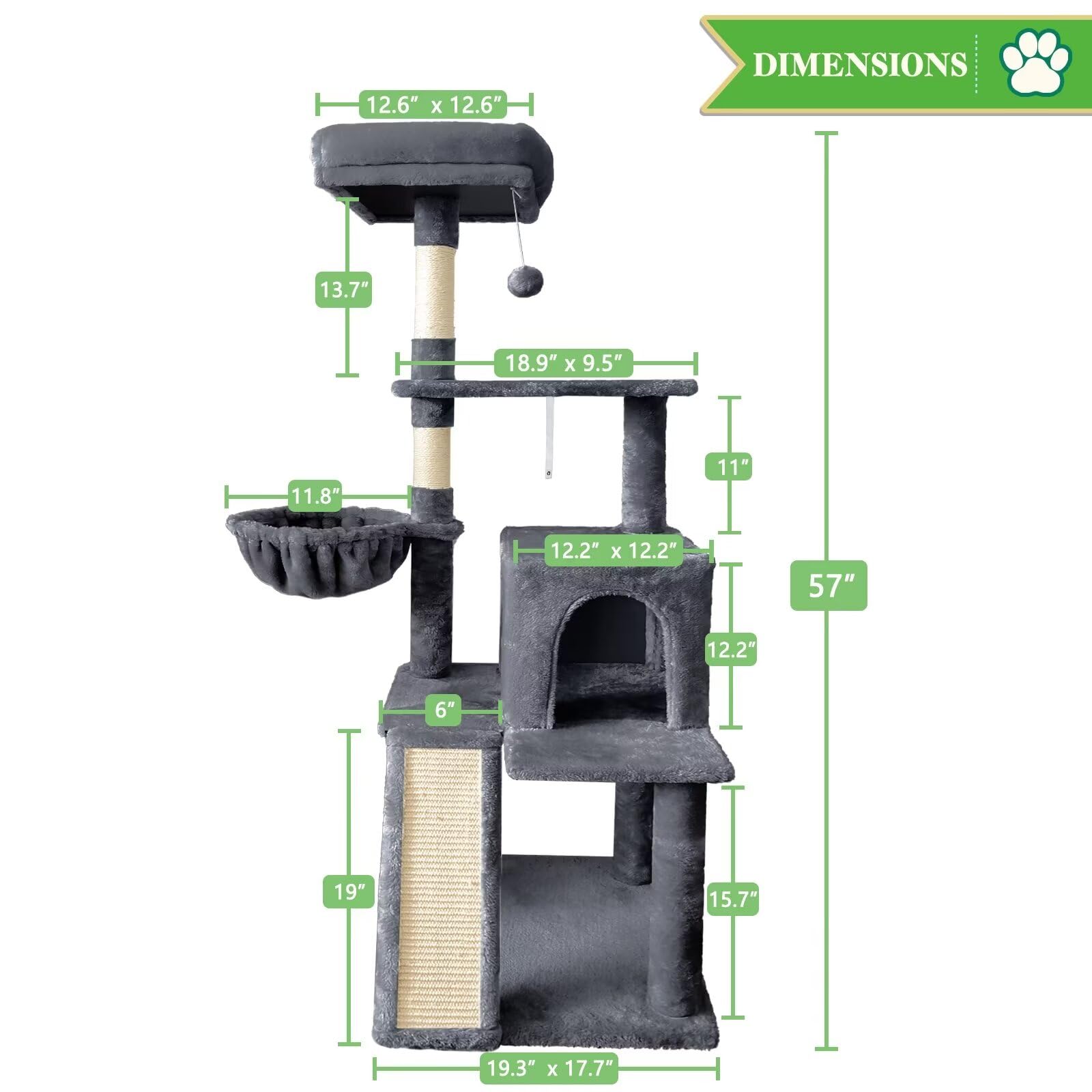 Pempet 57'' Cat Tree Tower For Indoor Cats, Multi-Level Cat Tower Condo With Sisal Scratching Post (Dark Gray)