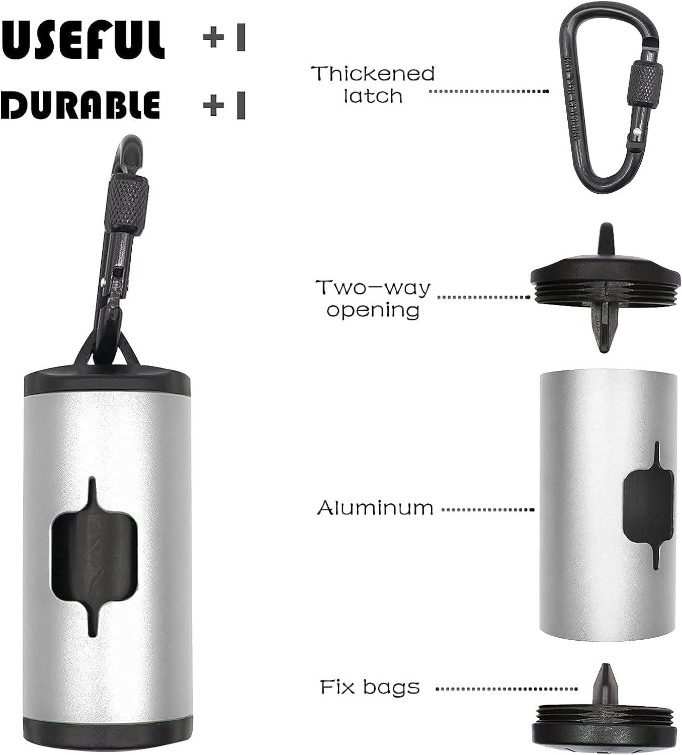 Shaouman Metal Dog Poop Bags Holder Aluminum Poo Bags Dispenser With Pet Waste Bags 3 Leash Clasp And Elastic Rope For Used Bags(1 Holder 135 Bags,Silver)