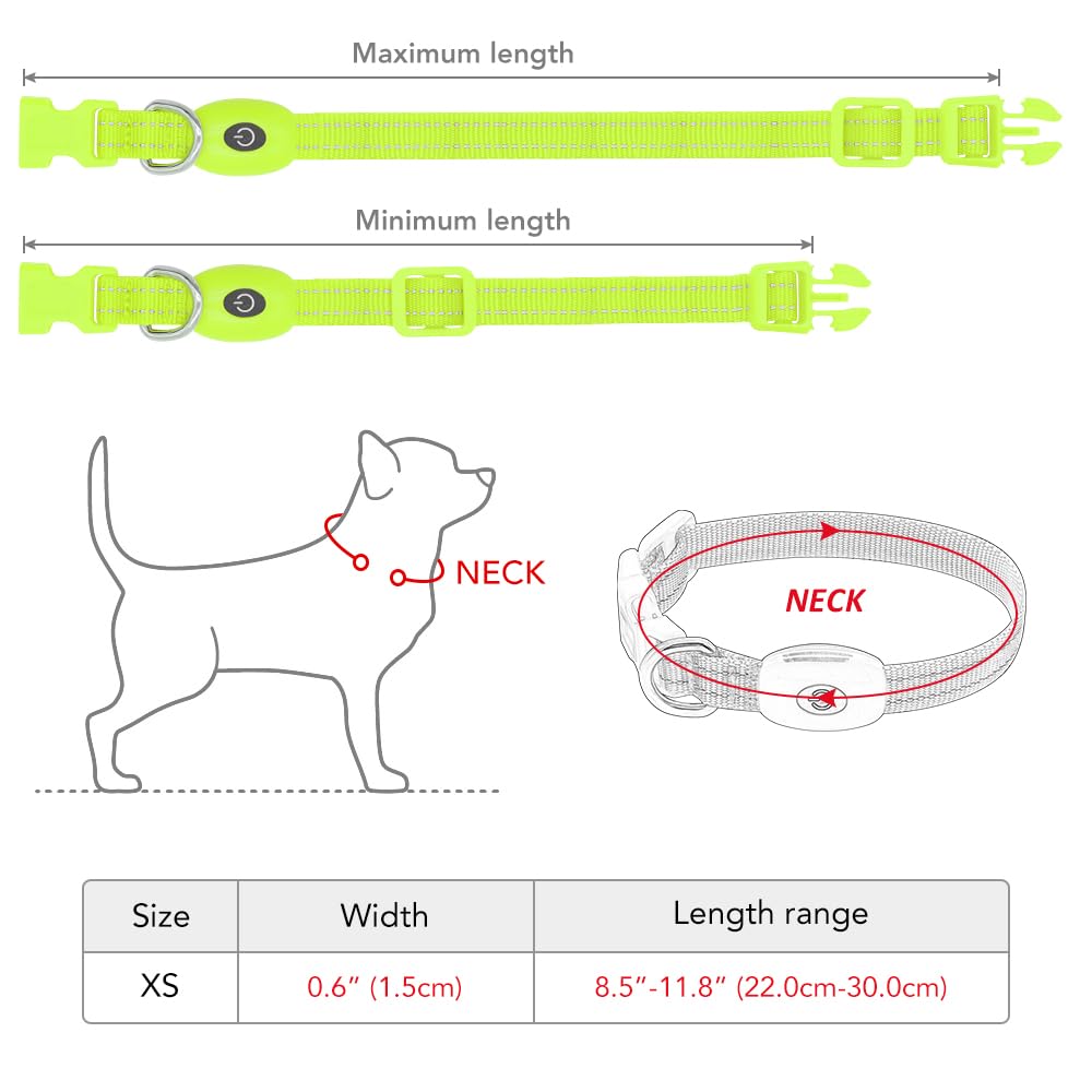 Light Up Dog Collar For Small Dog,Vizpet Xs Adjustable Size Nylon Collar Usb Rechargeable Bright Safety Pet Collar For Cats Dogs (Green)