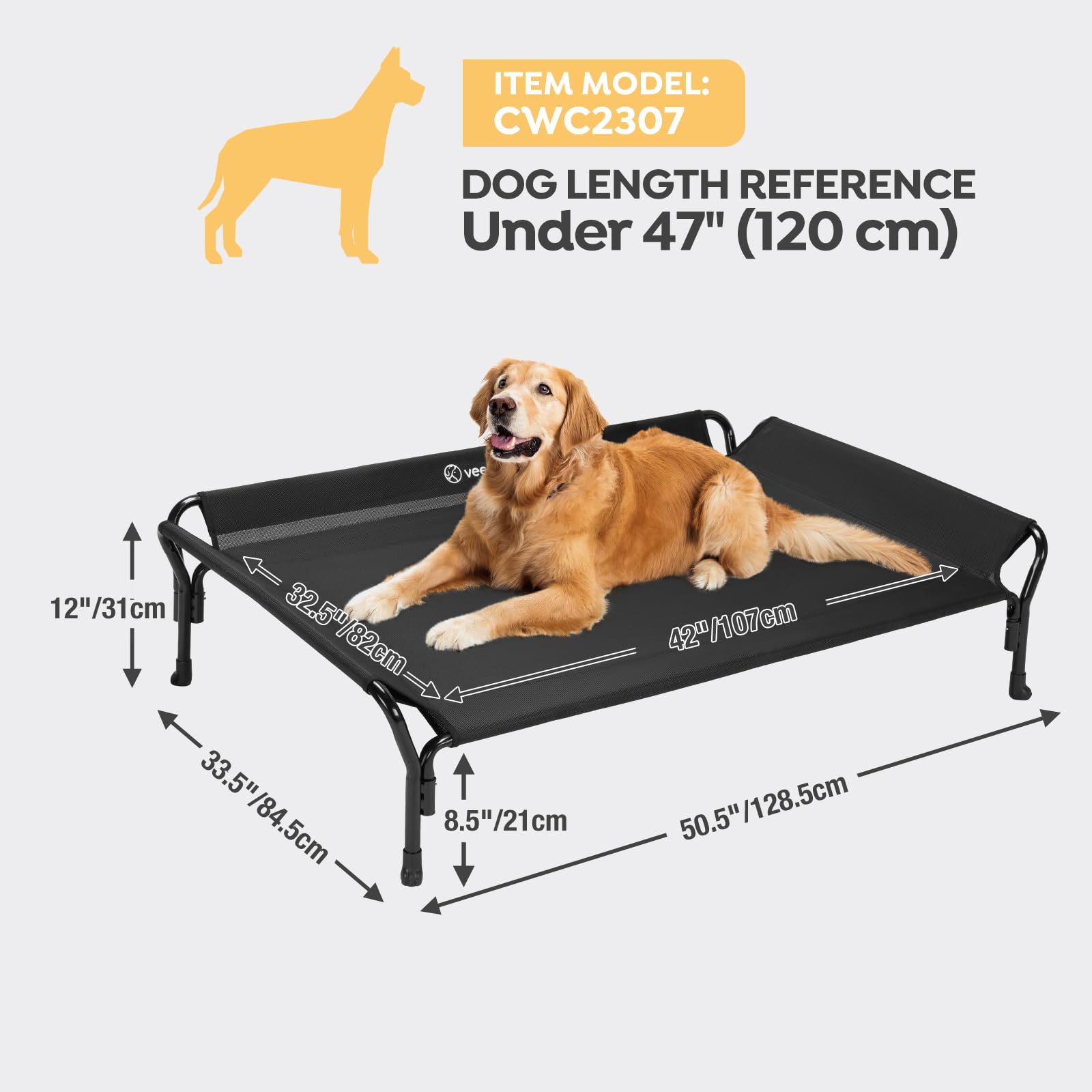 Veehoo Cooling Elevated Dog Bed, Xl Raised Pet Cot With Guardrail & Slope Headrest, Durable Breathable Teslin Mesh, Non-Slip Fee