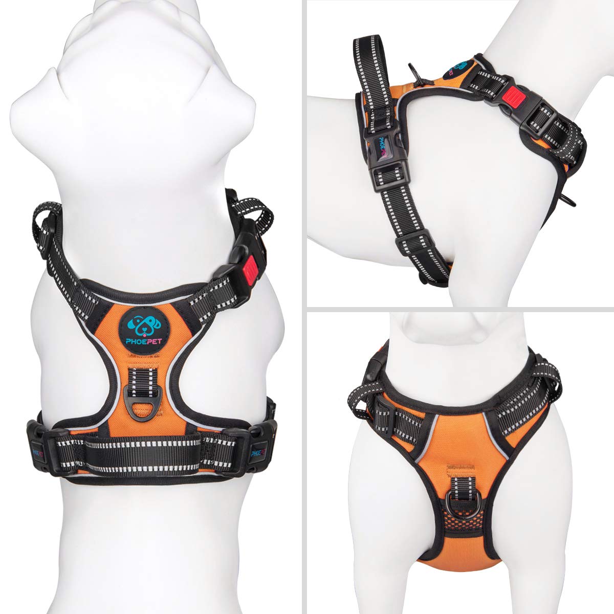 Phoepet Reflective Dog Harness Large Breed Adjustable No Pull Vest With With Handle 2 Metal Rings 3 Buckles [Easy To Put On & Take Off](L, Orange)